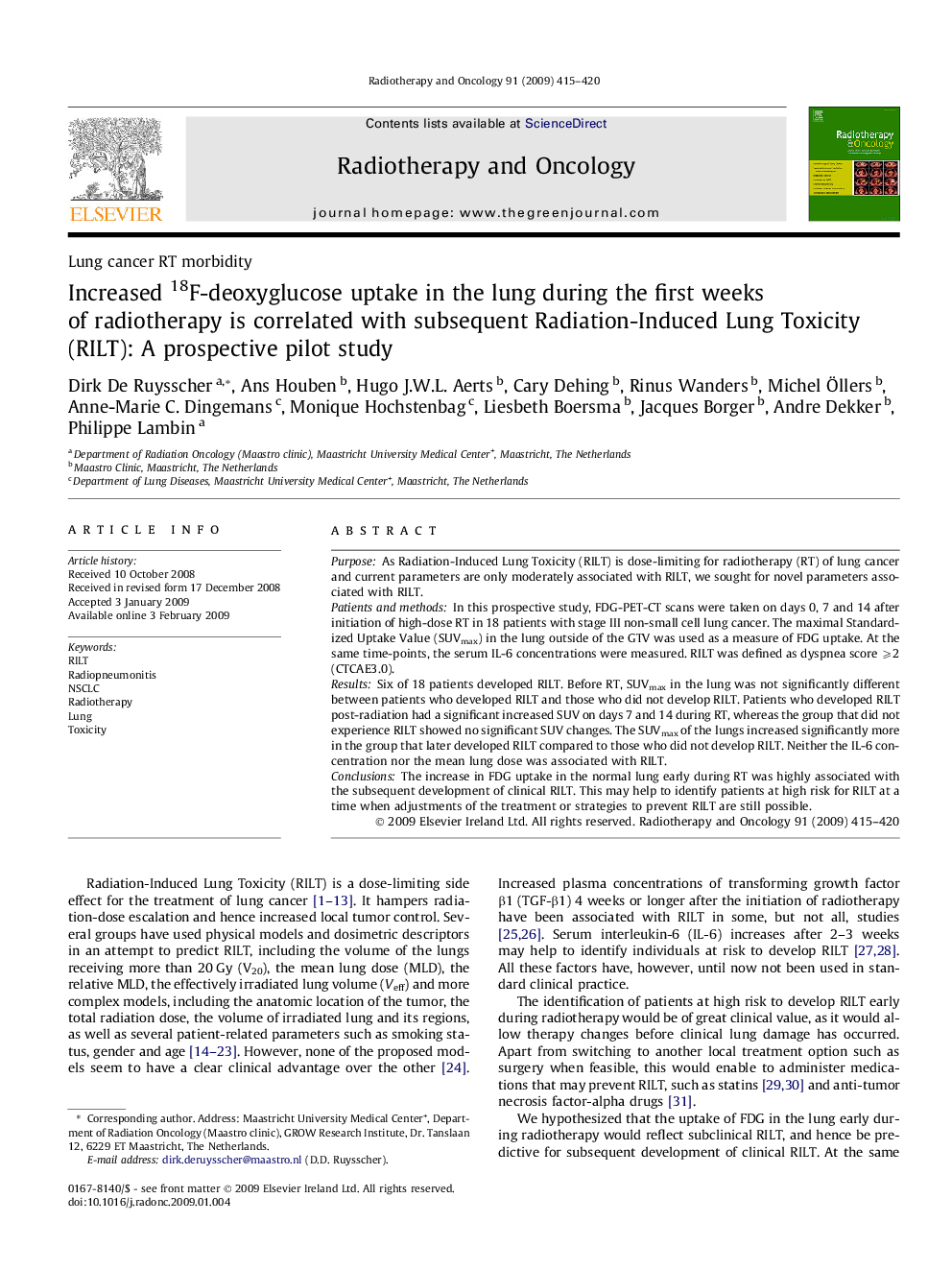 عکس صفحه اول مقاله: Increased 18F-deoxyglucose uptake in the lung during the first weeks of radiotherapy is correlated with subsequent Radiation-Induced Lung Toxicity (RILT): A prospective pilot study Increased 18F-deoxyglucose uptake in the lung during the first weeks of radiotherapy is correlated with subsequent Radiation-Induced Lung Toxicity (RILT): A prospective pilot study