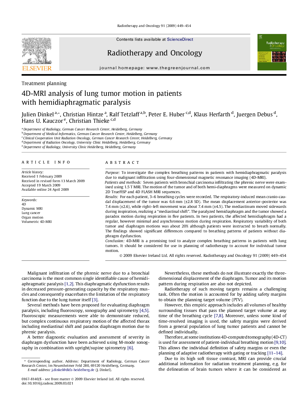 4D-MRI analysis of lung tumor motion in patients with hemidiaphragmatic paralysis