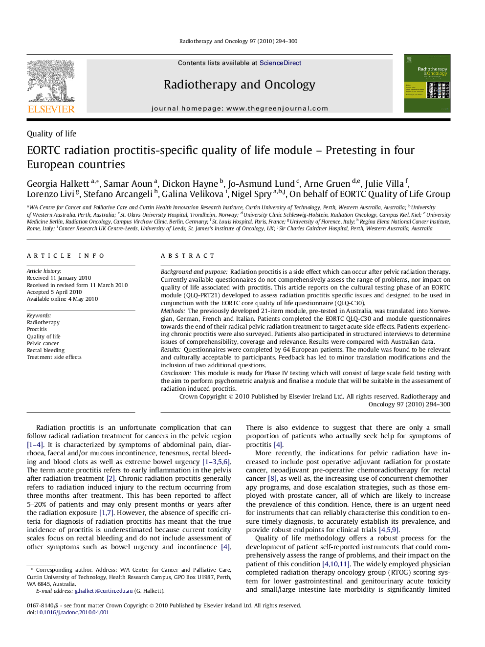 EORTC radiation proctitis-specific quality of life module – Pretesting in four European countries