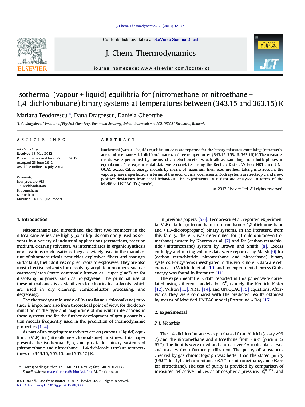 Isothermal (vapour + liquid) equilibria for (nitromethane or nitroethane + 1,4-dichlorobutane) binary systems at temperatures between (343.15 and 363.15) K
