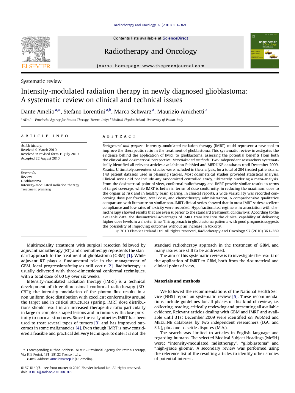 Intensity-modulated radiation therapy in newly diagnosed glioblastoma: A systematic review on clinical and technical issues