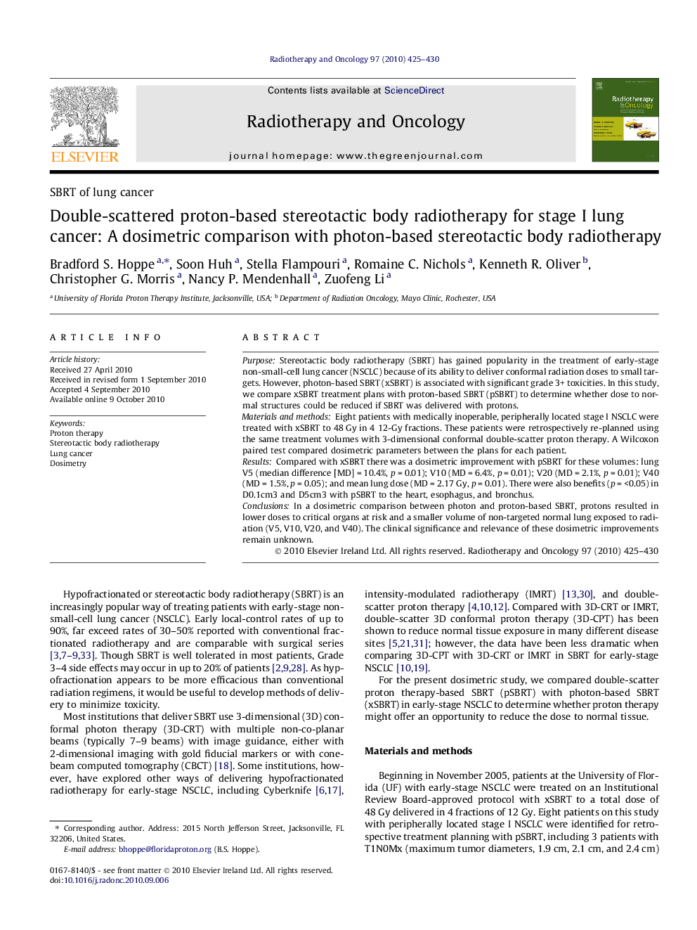 Double-scattered proton-based stereotactic body radiotherapy for stage I lung cancer: A dosimetric comparison with photon-based stereotactic body radiotherapy