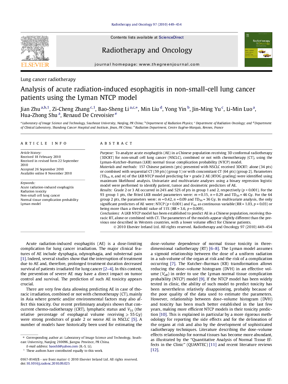 Analysis of acute radiation-induced esophagitis in non-small-cell lung cancer patients using the Lyman NTCP model