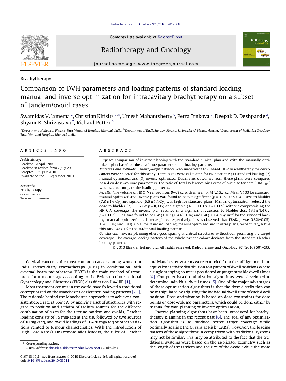 Comparison of DVH parameters and loading patterns of standard loading, manual and inverse optimization for intracavitary brachytherapy on a subset of tandem/ovoid cases