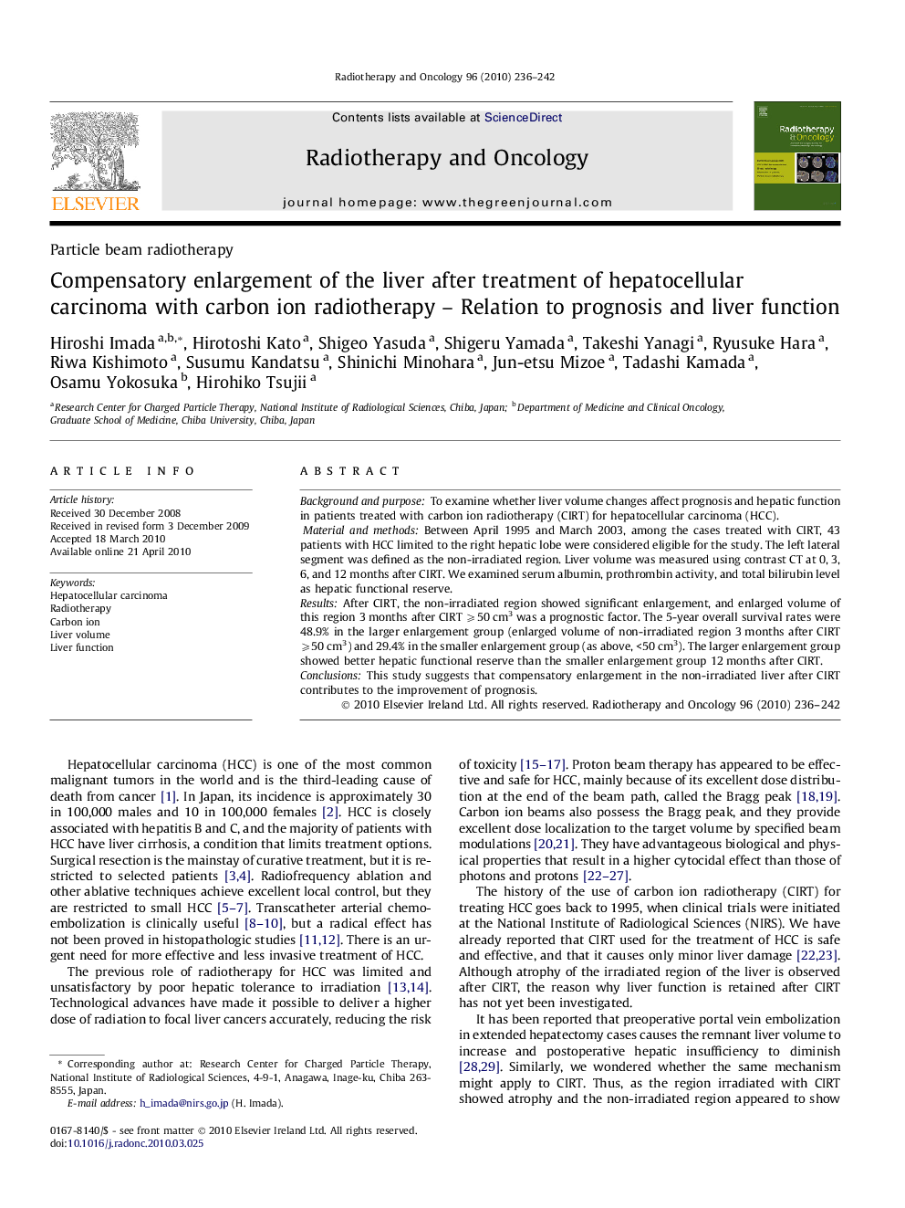 Compensatory enlargement of the liver after treatment of hepatocellular carcinoma with carbon ion radiotherapy – Relation to prognosis and liver function