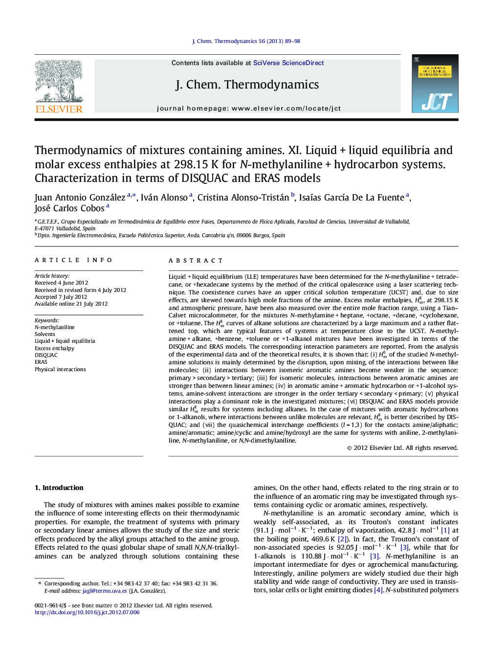 Thermodynamics of mixtures containing amines. XI. Liquid + liquid equilibria and molar excess enthalpies at 298.15 K for N-methylaniline + hydrocarbon systems. Characterization in terms of DISQUAC and ERAS models