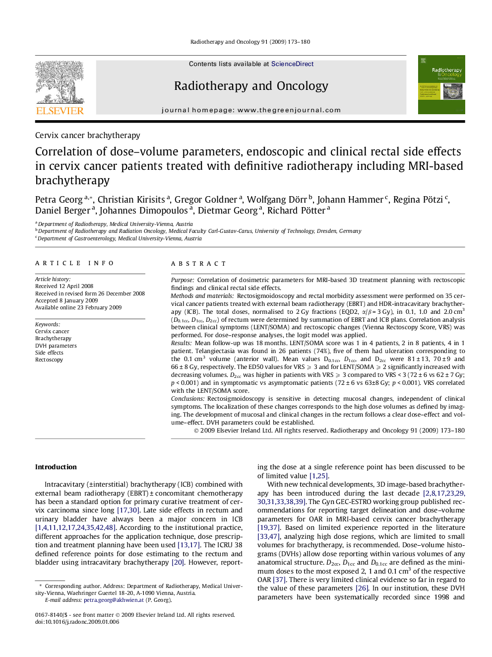 Correlation of dose–volume parameters, endoscopic and clinical rectal side effects in cervix cancer patients treated with definitive radiotherapy including MRI-based brachytherapy