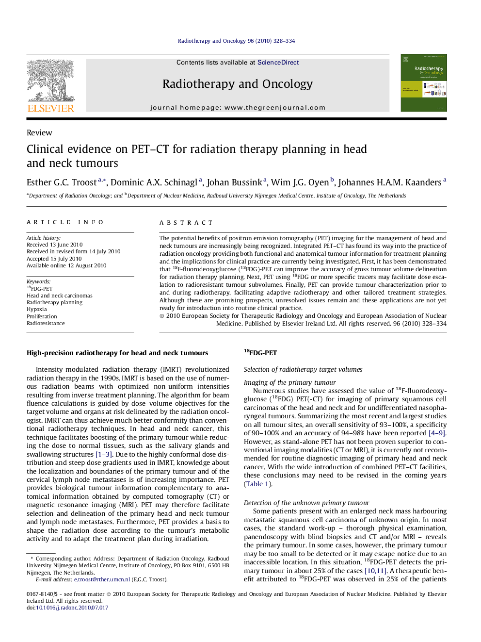 Clinical evidence on PET–CT for radiation therapy planning in head and neck tumours