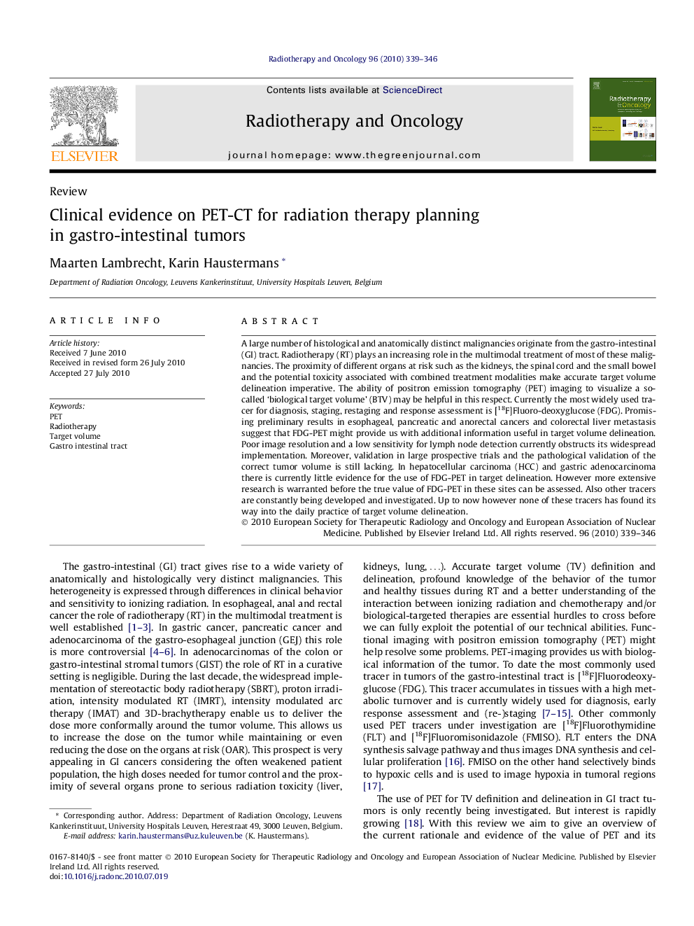 Clinical evidence on PET-CT for radiation therapy planning in gastro-intestinal tumors