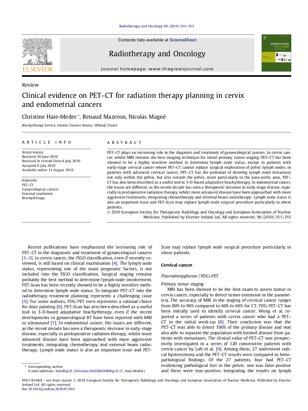 Clinical evidence on PET–CT for radiation therapy planning in cervix and endometrial cancers