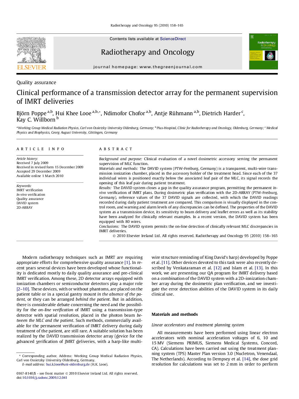 عکس صفحه اول مقاله: Clinical performance of a transmission detector array for the permanent supervision of IMRT deliveries Clinical performance of a transmission detector array for the permanent supervision of IMRT deliveries