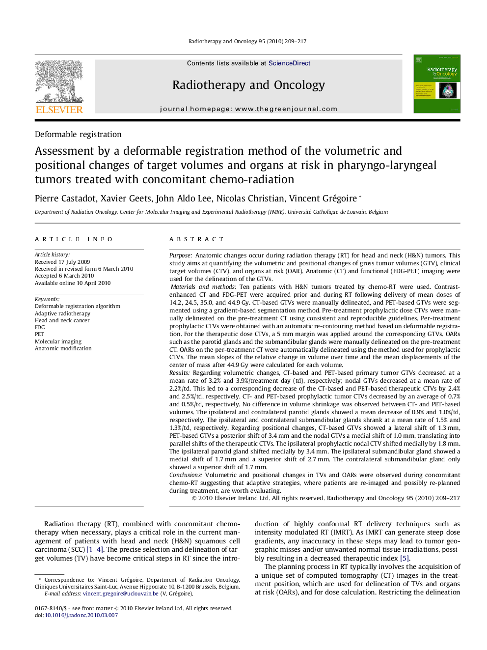 Assessment by a deformable registration method of the volumetric and positional changes of target volumes and organs at risk in pharyngo-laryngeal tumors treated with concomitant chemo-radiation