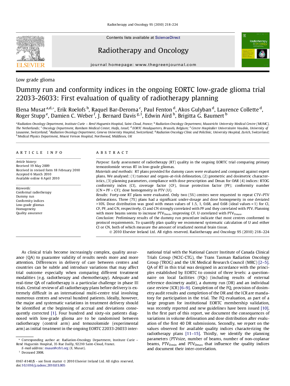 Dummy run and conformity indices in the ongoing EORTC low-grade glioma trial 22033-26033: First evaluation of quality of radiotherapy planning