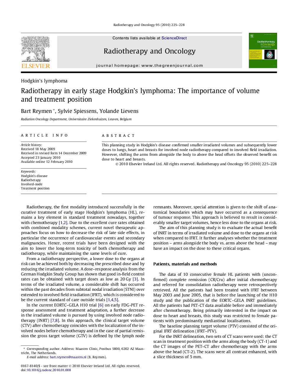 Radiotherapy in early stage Hodgkin’s lymphoma: The importance of volume and treatment position