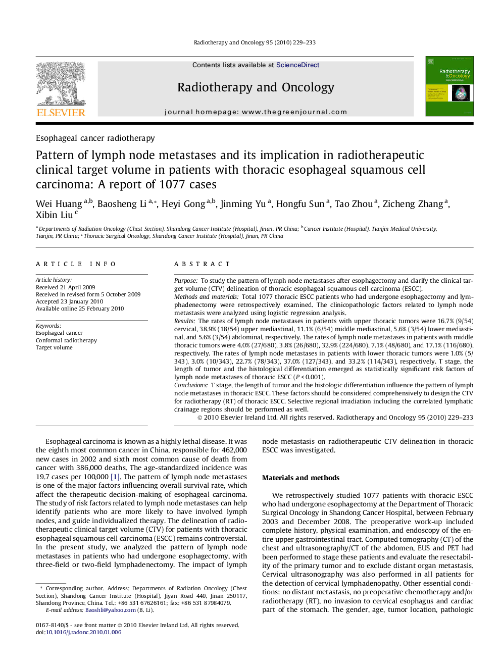 Pattern of lymph node metastases and its implication in radiotherapeutic clinical target volume in patients with thoracic esophageal squamous cell carcinoma: A report of 1077 cases