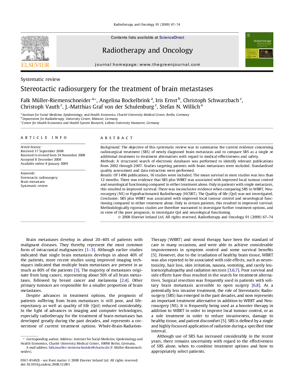 Stereotactic radiosurgery for the treatment of brain metastases