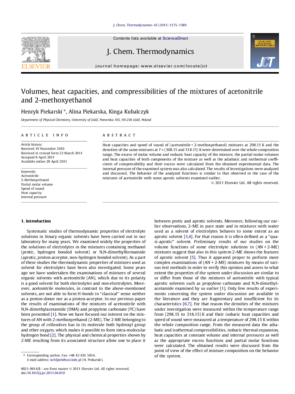 Volumes, heat capacities, and compressibilities of the mixtures of acetonitrile and 2-methoxyethanol