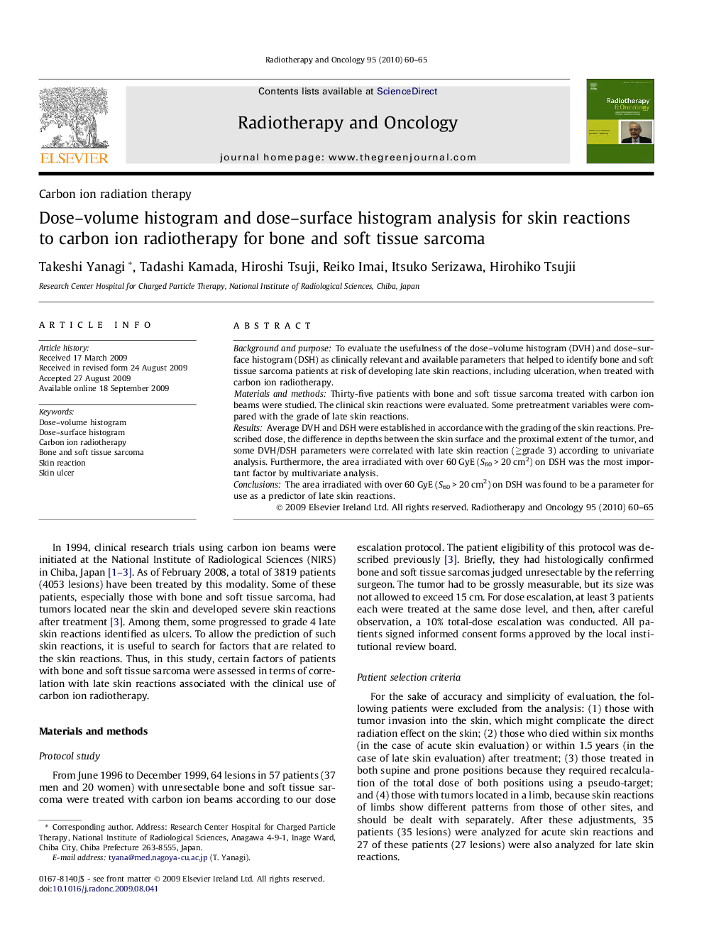 Dose–volume histogram and dose–surface histogram analysis for skin reactions to carbon ion radiotherapy for bone and soft tissue sarcoma