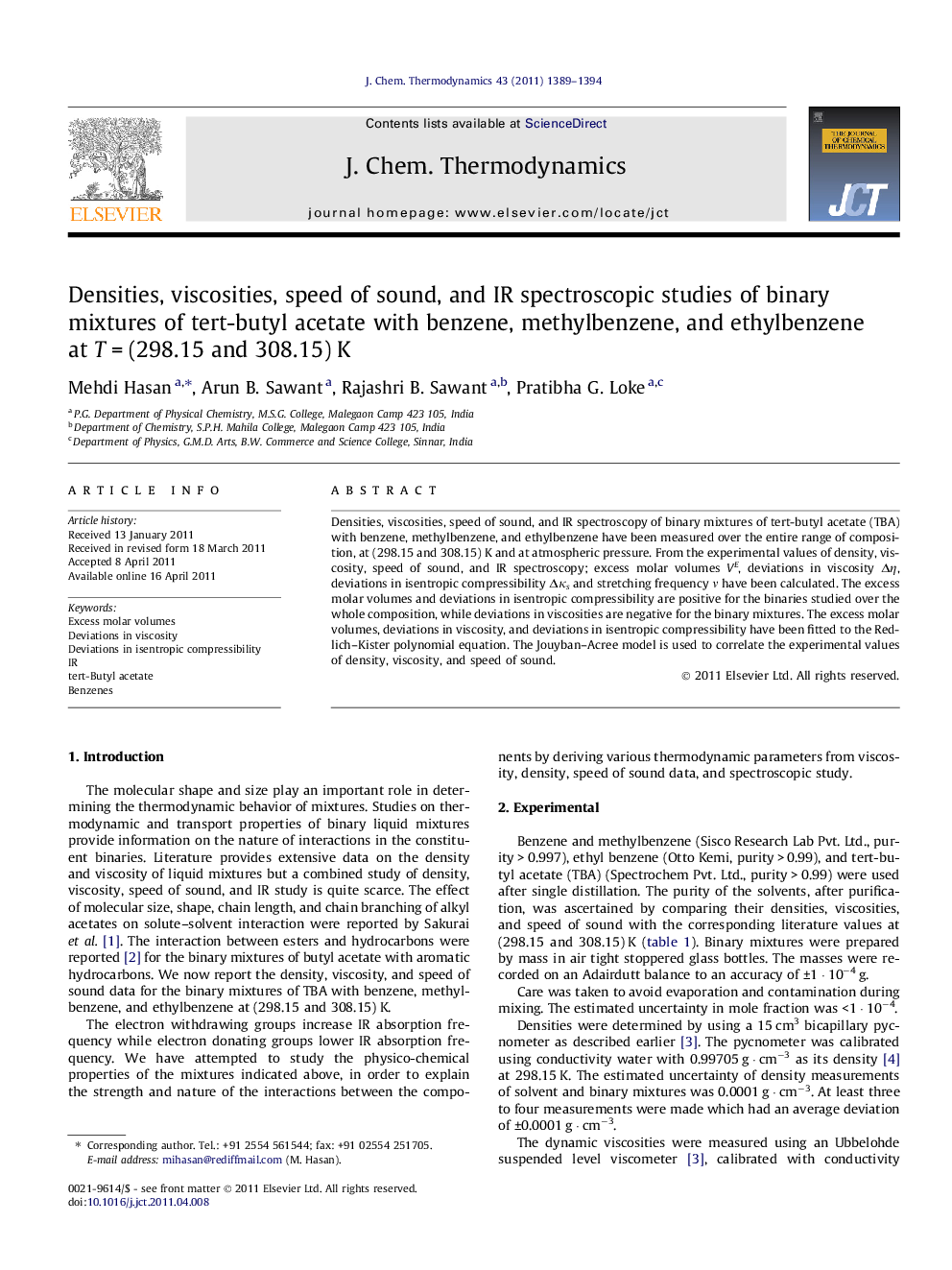 عکس صفحه اول مقاله: Densities, viscosities, speed of sound, and IR spectroscopic studies of binary mixtures of tert-butyl acetate with benzene, methylbenzene, and ethylbenzene at T = (298.15 and 308.15) K Densities, viscosities, speed of sound, and IR spectroscopic studies of binary mixtures of tert-butyl acetate with benzene, methylbenzene, and ethylbenzene at T = (298.15 and 308.15) K