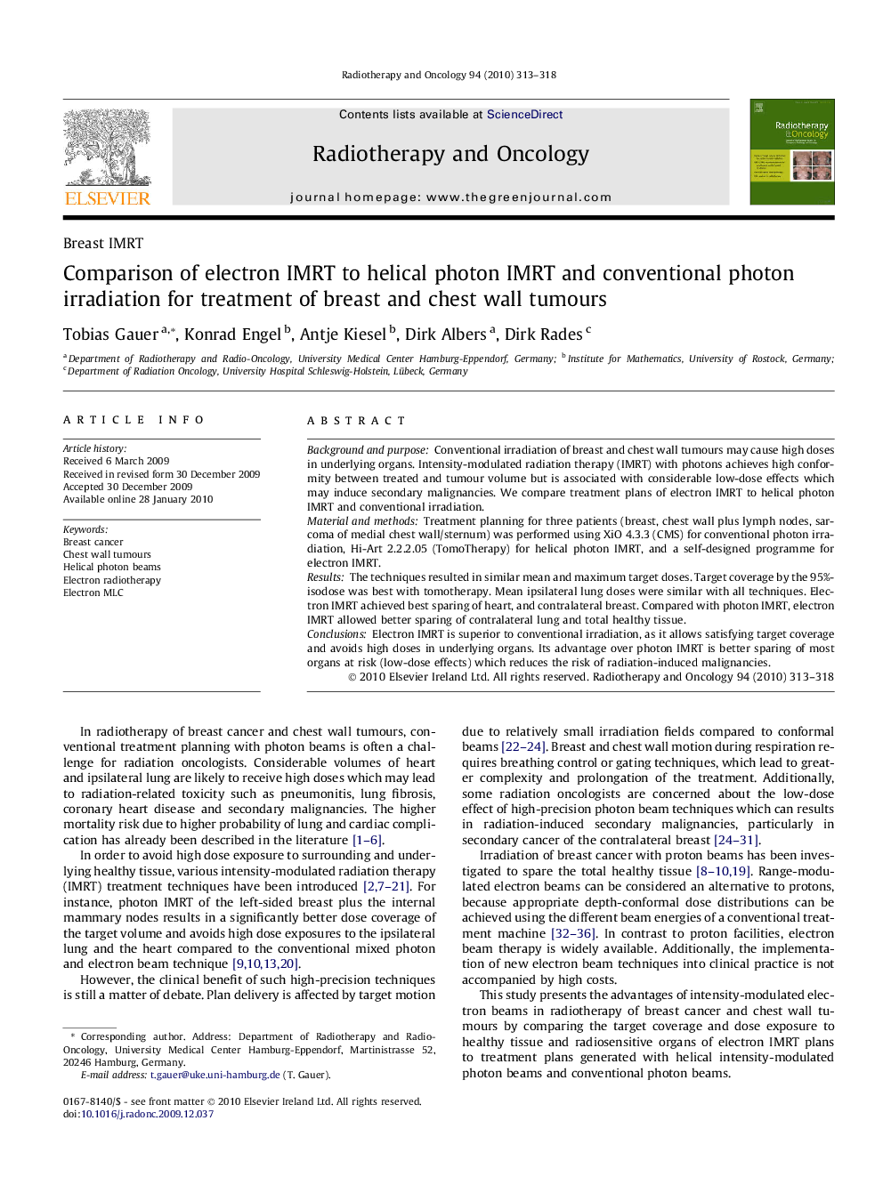 Comparison of electron IMRT to helical photon IMRT and conventional photon irradiation for treatment of breast and chest wall tumours