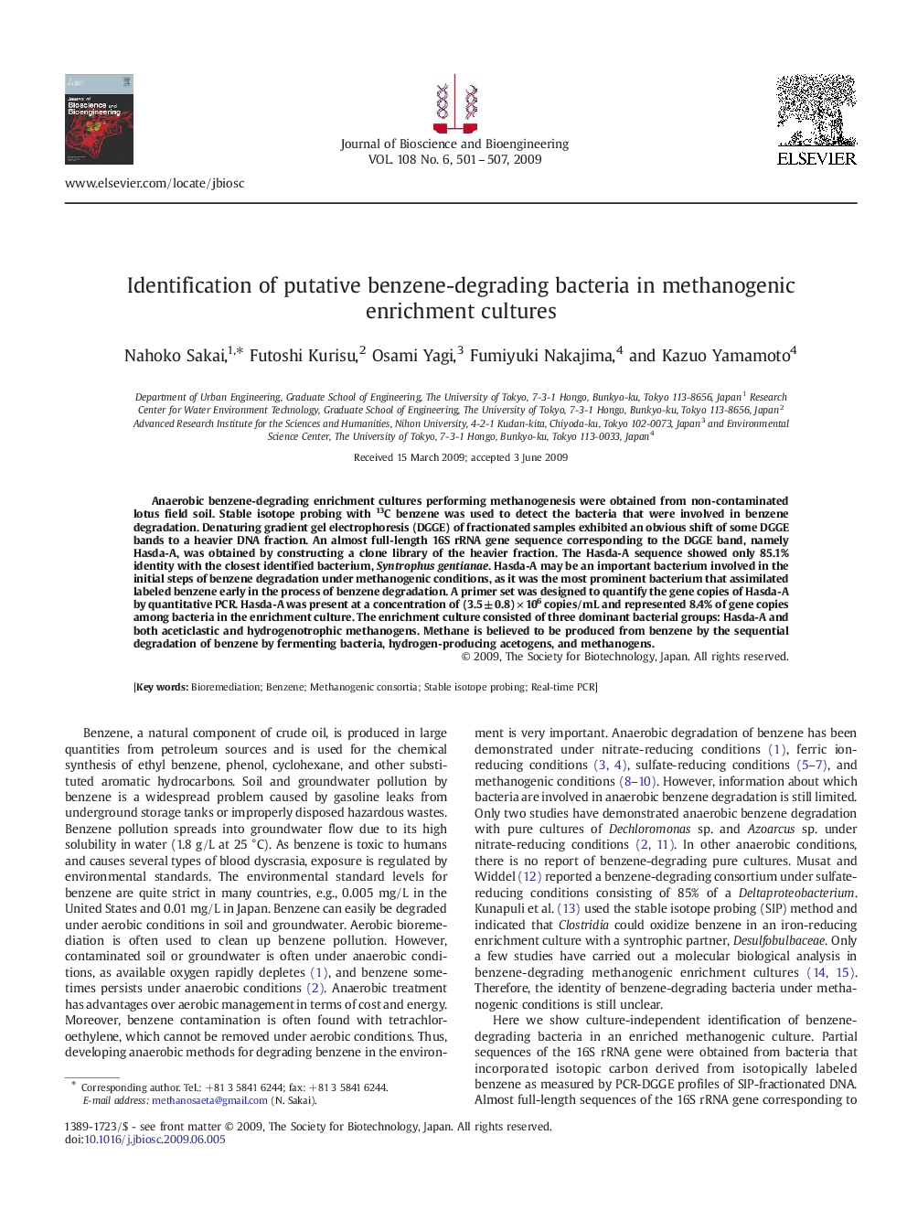 Identification of putative benzene-degrading bacteria in methanogenic enrichment cultures