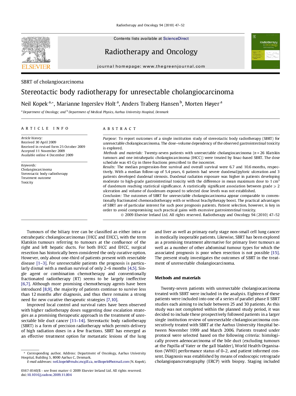 Stereotactic body radiotherapy for unresectable cholangiocarcinoma