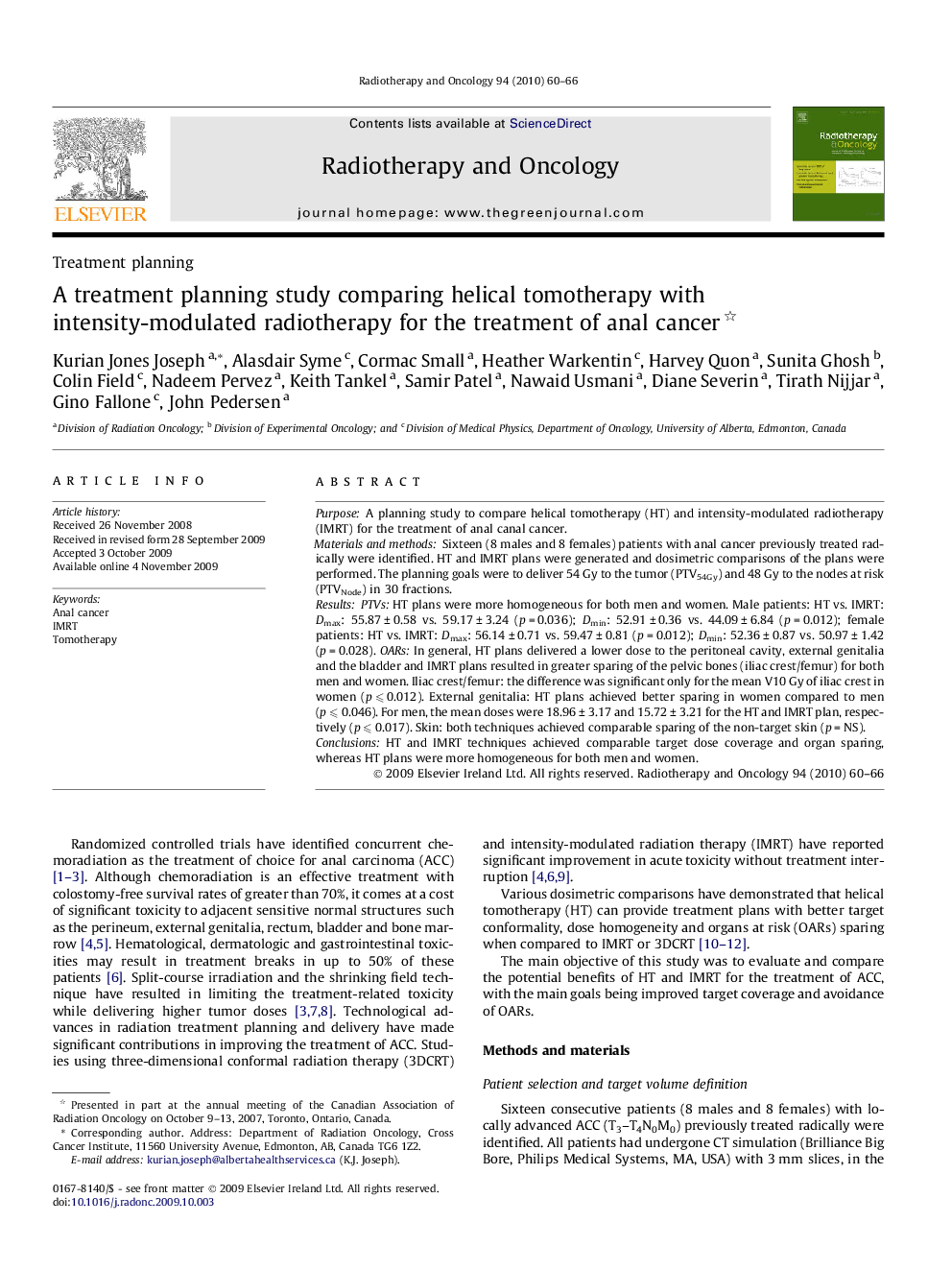 A treatment planning study comparing helical tomotherapy with intensity-modulated radiotherapy for the treatment of anal cancer