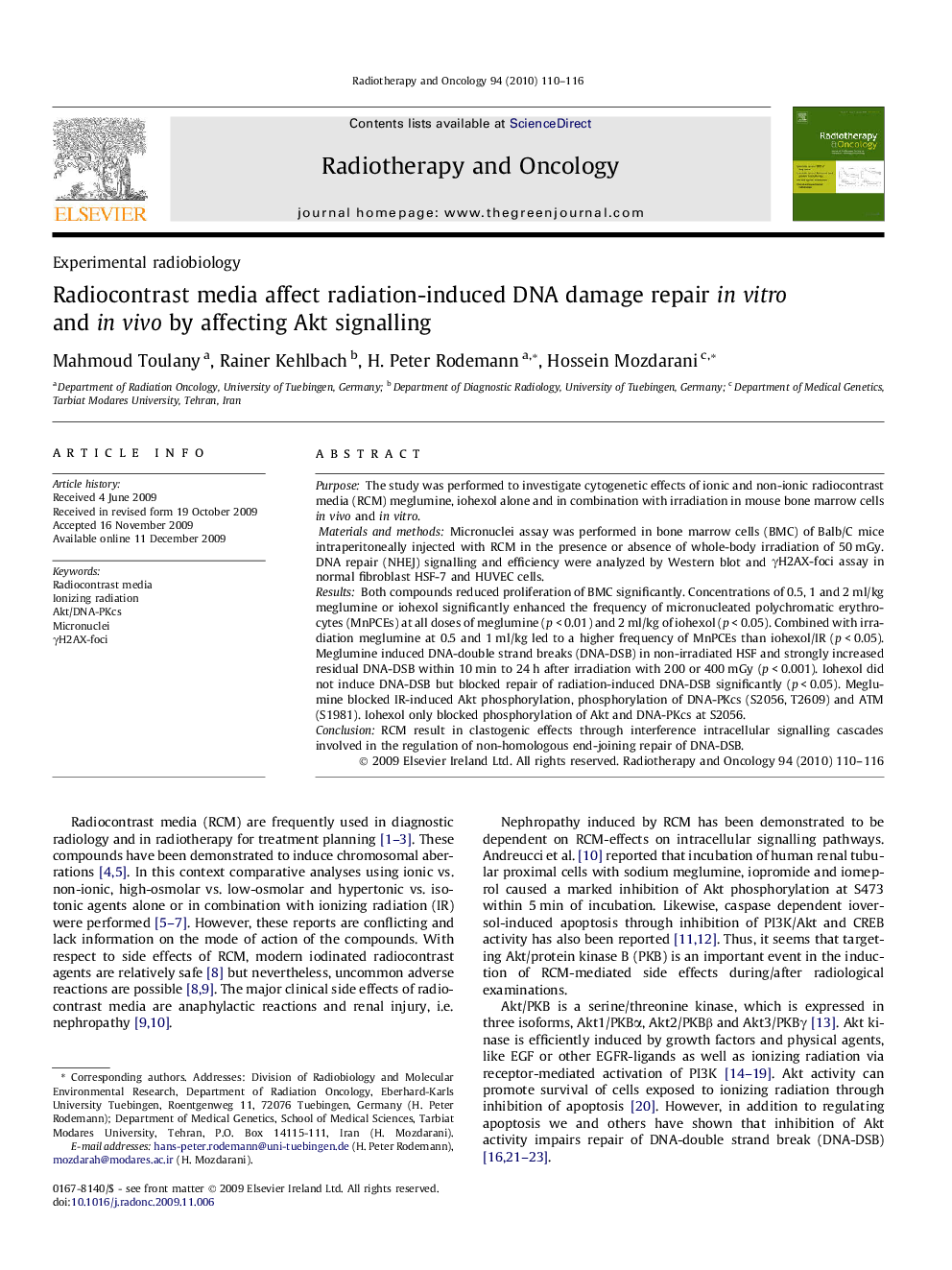 Radiocontrast media affect radiation-induced DNA damage repair in vitro and in vivo by affecting Akt signalling