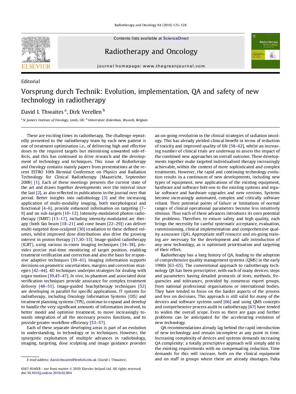 عکس صفحه اول مقاله: Vorsprung durch Technik: Evolution, implementation, QA and safety of new technology in radiotherapy Vorsprung durch Technik: Evolution, implementation, QA and safety of new technology in radiotherapy