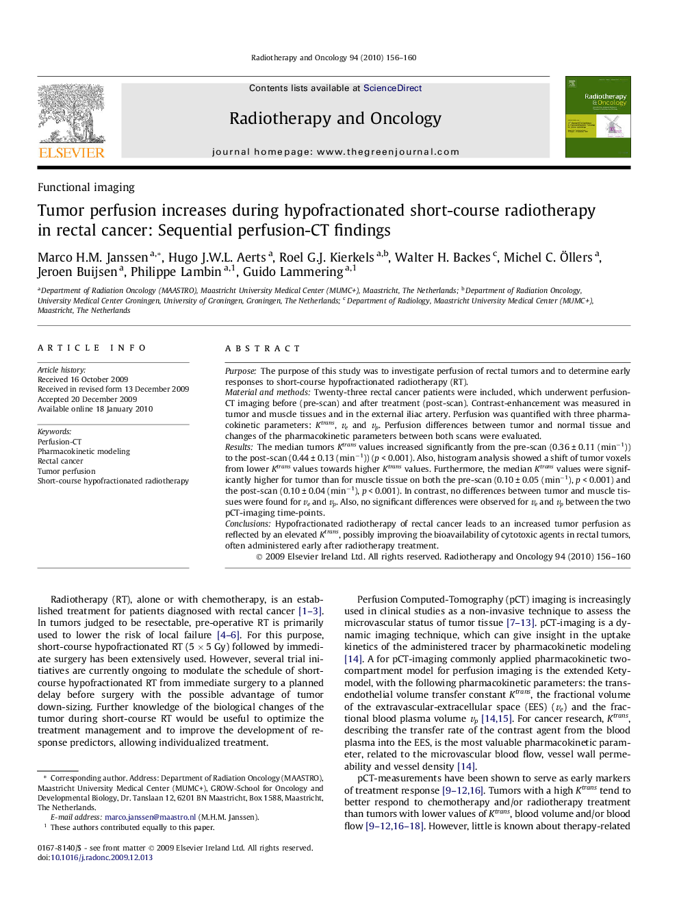 Tumor perfusion increases during hypofractionated short-course radiotherapy in rectal cancer: Sequential perfusion-CT findings