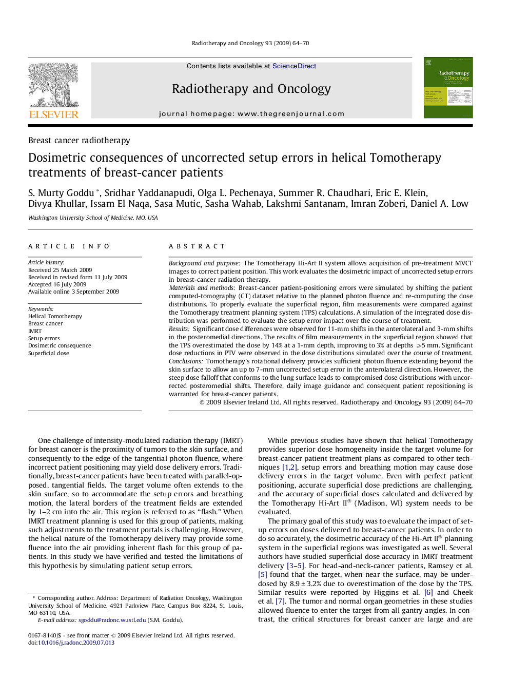 Dosimetric consequences of uncorrected setup errors in helical Tomotherapy treatments of breast-cancer patients