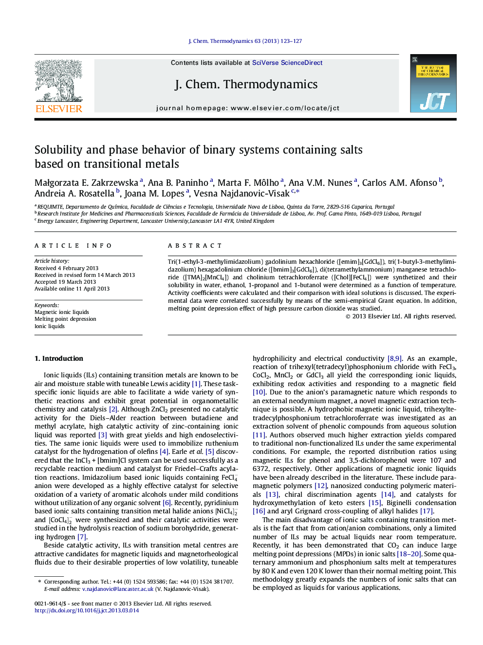 Solubility and phase behavior of binary systems containing salts based on transitional metals