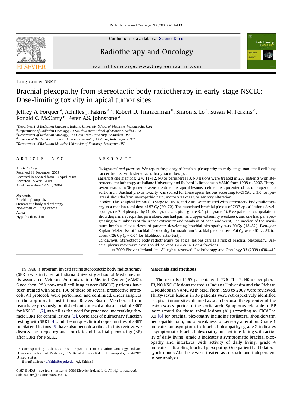 Brachial plexopathy from stereotactic body radiotherapy in early-stage NSCLC: Dose-limiting toxicity in apical tumor sites