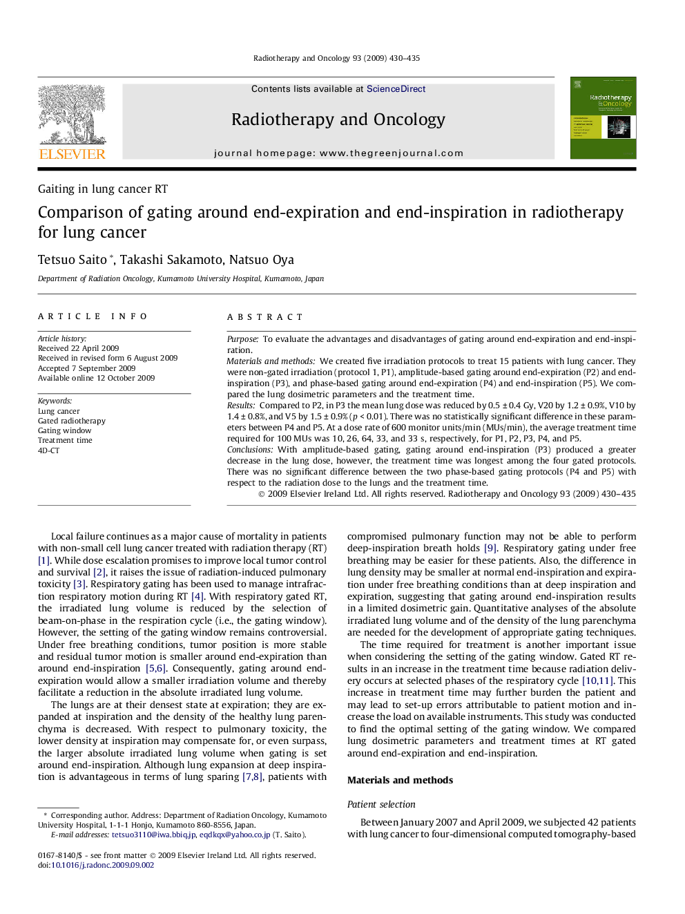 Comparison of gating around end-expiration and end-inspiration in radiotherapy for lung cancer