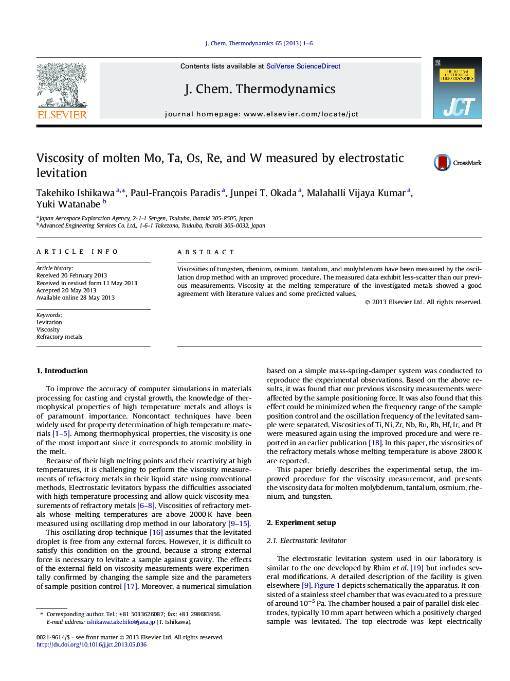 Viscosity of molten Mo, Ta, Os, Re, and W measured by electrostatic levitation