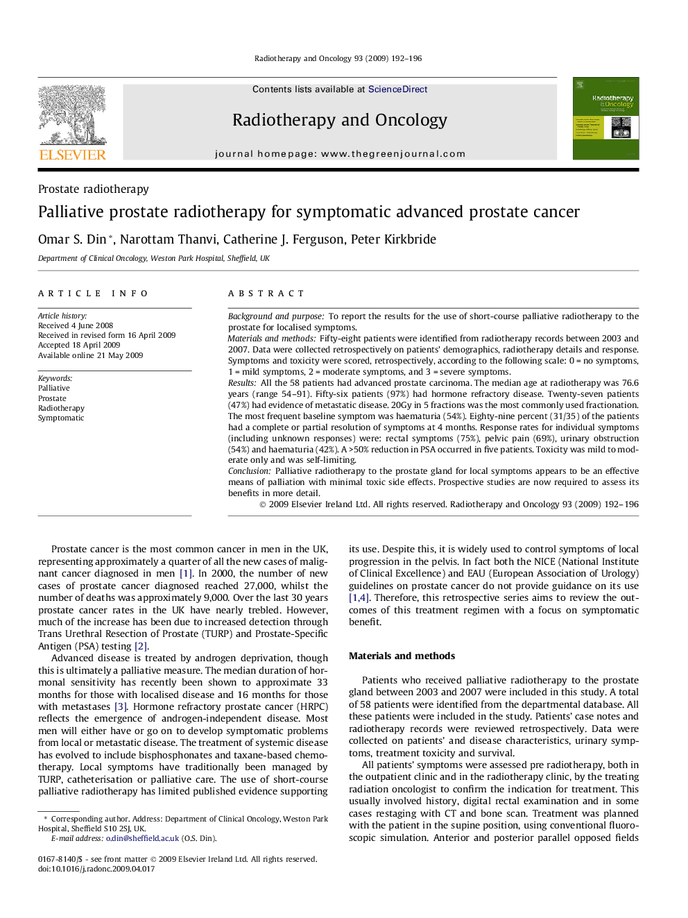 Palliative prostate radiotherapy for symptomatic advanced prostate cancer