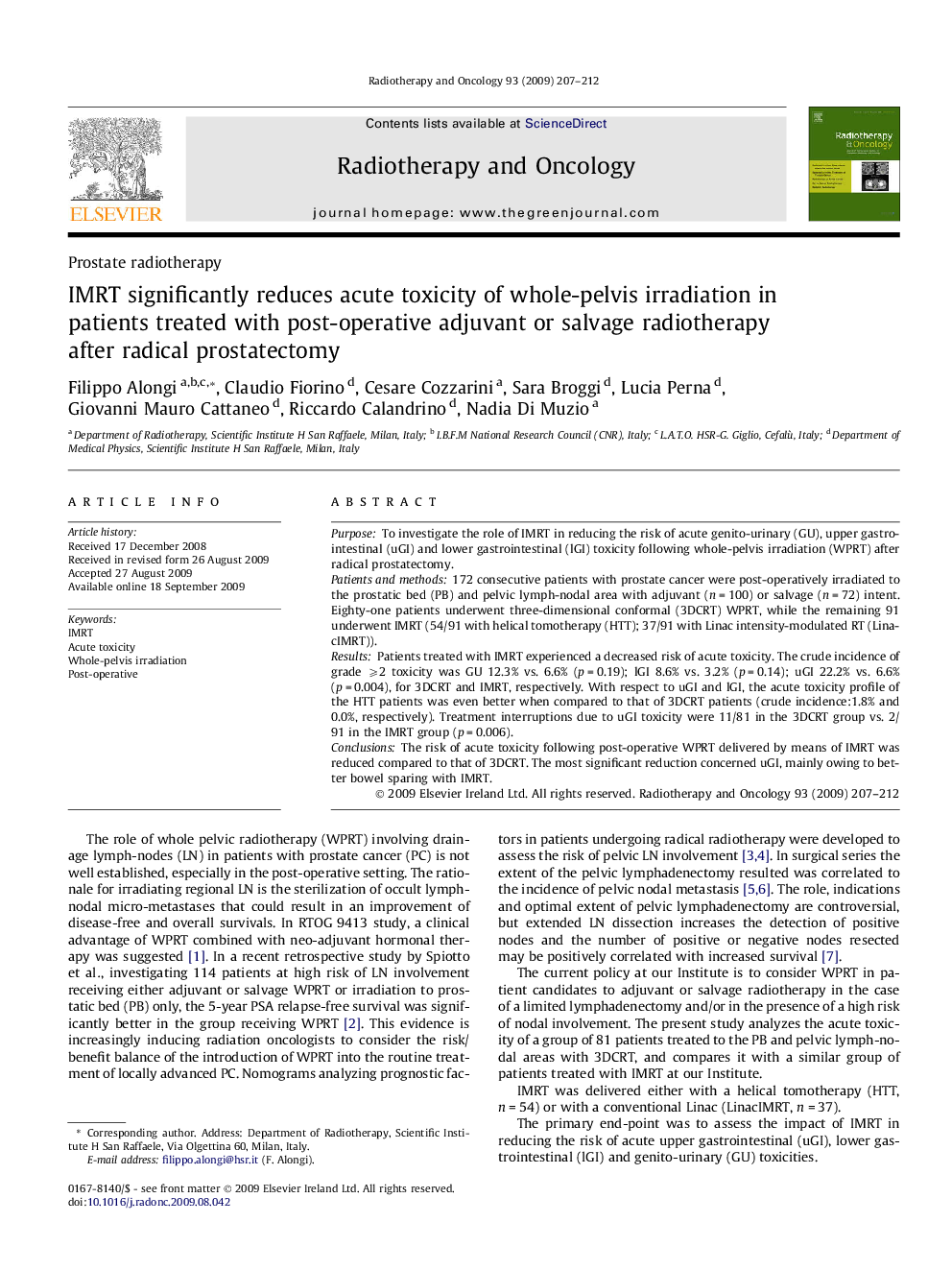 IMRT significantly reduces acute toxicity of whole-pelvis irradiation in patients treated with post-operative adjuvant or salvage radiotherapy after radical prostatectomy