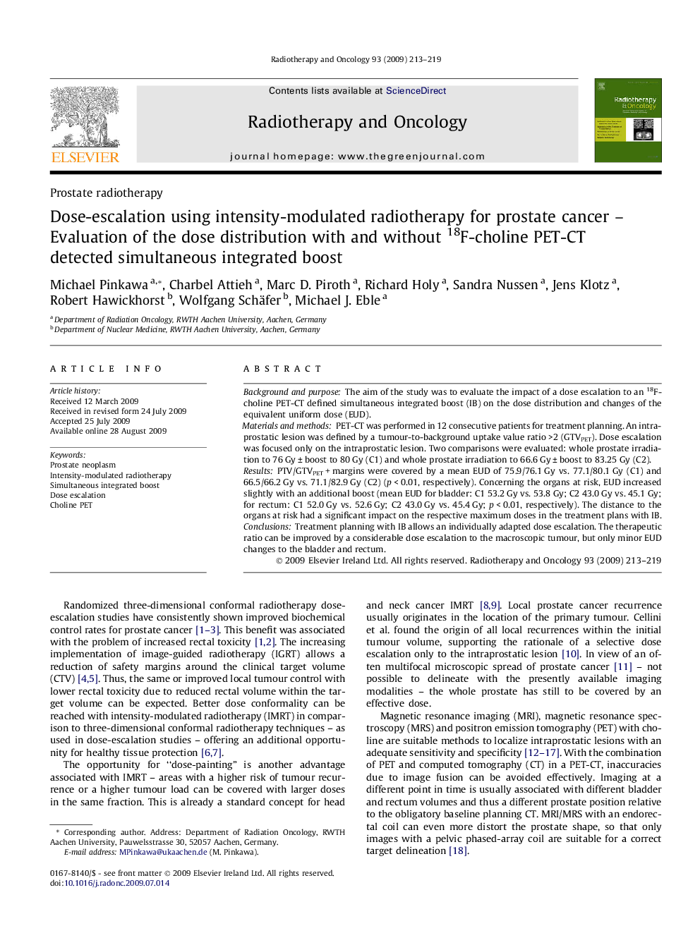 Dose-escalation using intensity-modulated radiotherapy for prostate cancer – Evaluation of the dose distribution with and without 18F-choline PET-CT detected simultaneous integrated boost