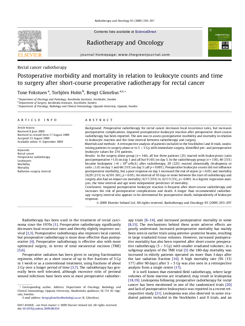 Postoperative morbidity and mortality in relation to leukocyte counts and time to surgery after short-course preoperative radiotherapy for rectal cancer