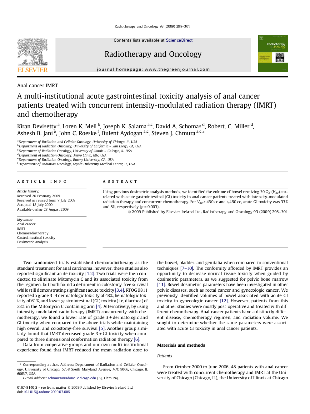 A multi-institutional acute gastrointestinal toxicity analysis of anal cancer patients treated with concurrent intensity-modulated radiation therapy (IMRT) and chemotherapy