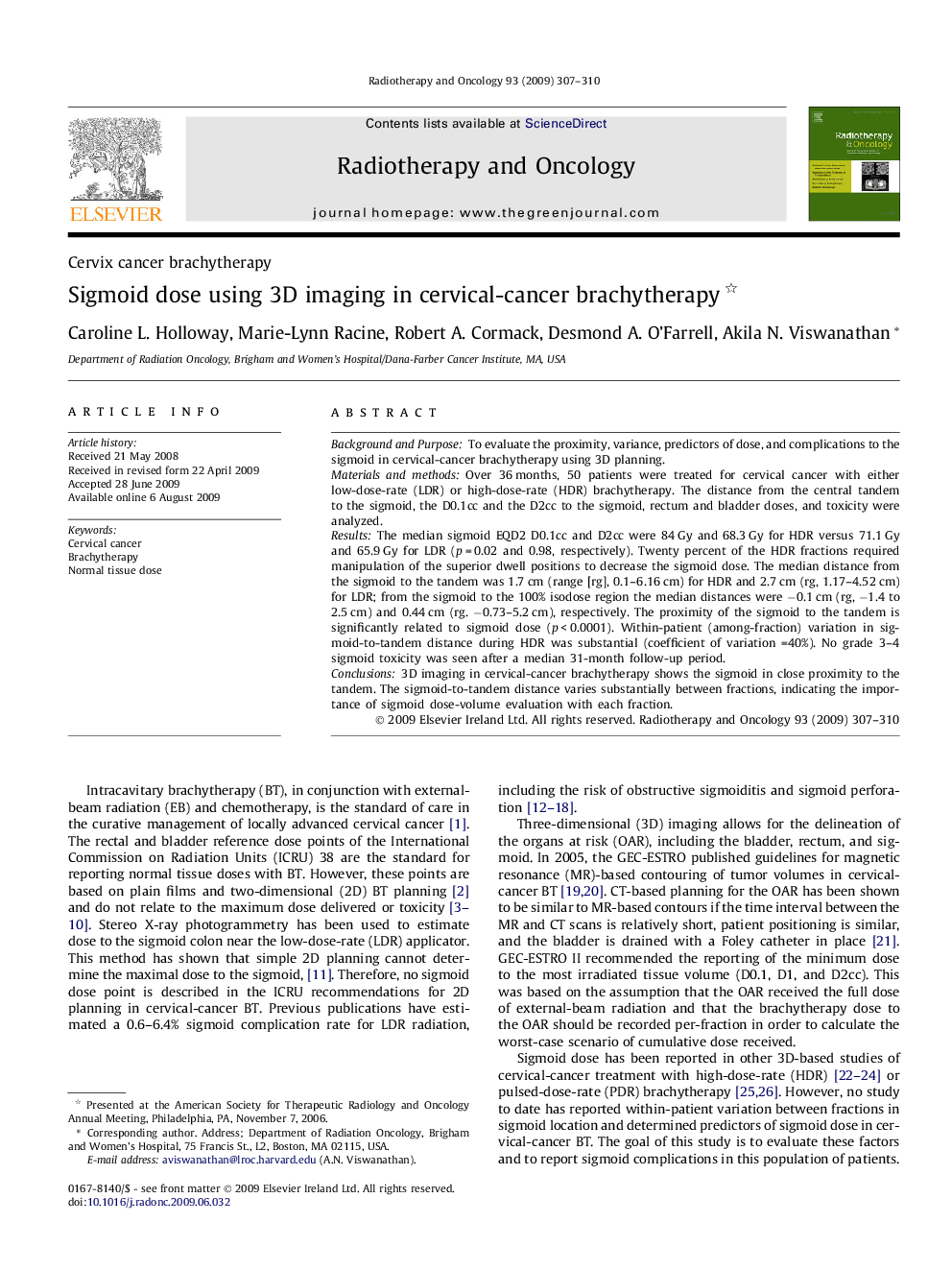 Sigmoid dose using 3D imaging in cervical-cancer brachytherapy 