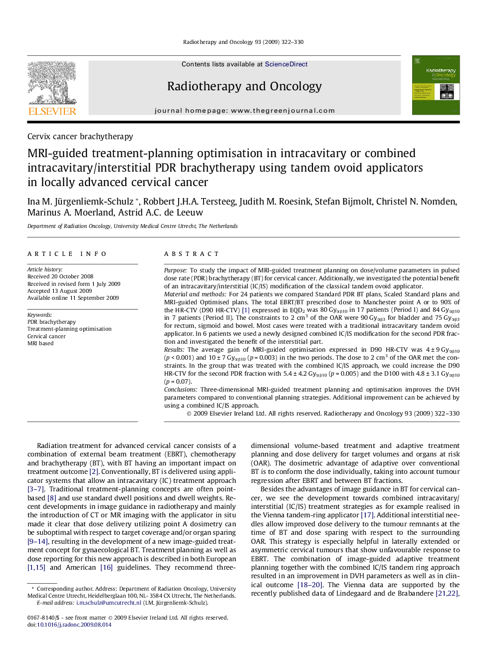 MRI-guided treatment-planning optimisation in intracavitary or combined intracavitary/interstitial PDR brachytherapy using tandem ovoid applicators in locally advanced cervical cancer