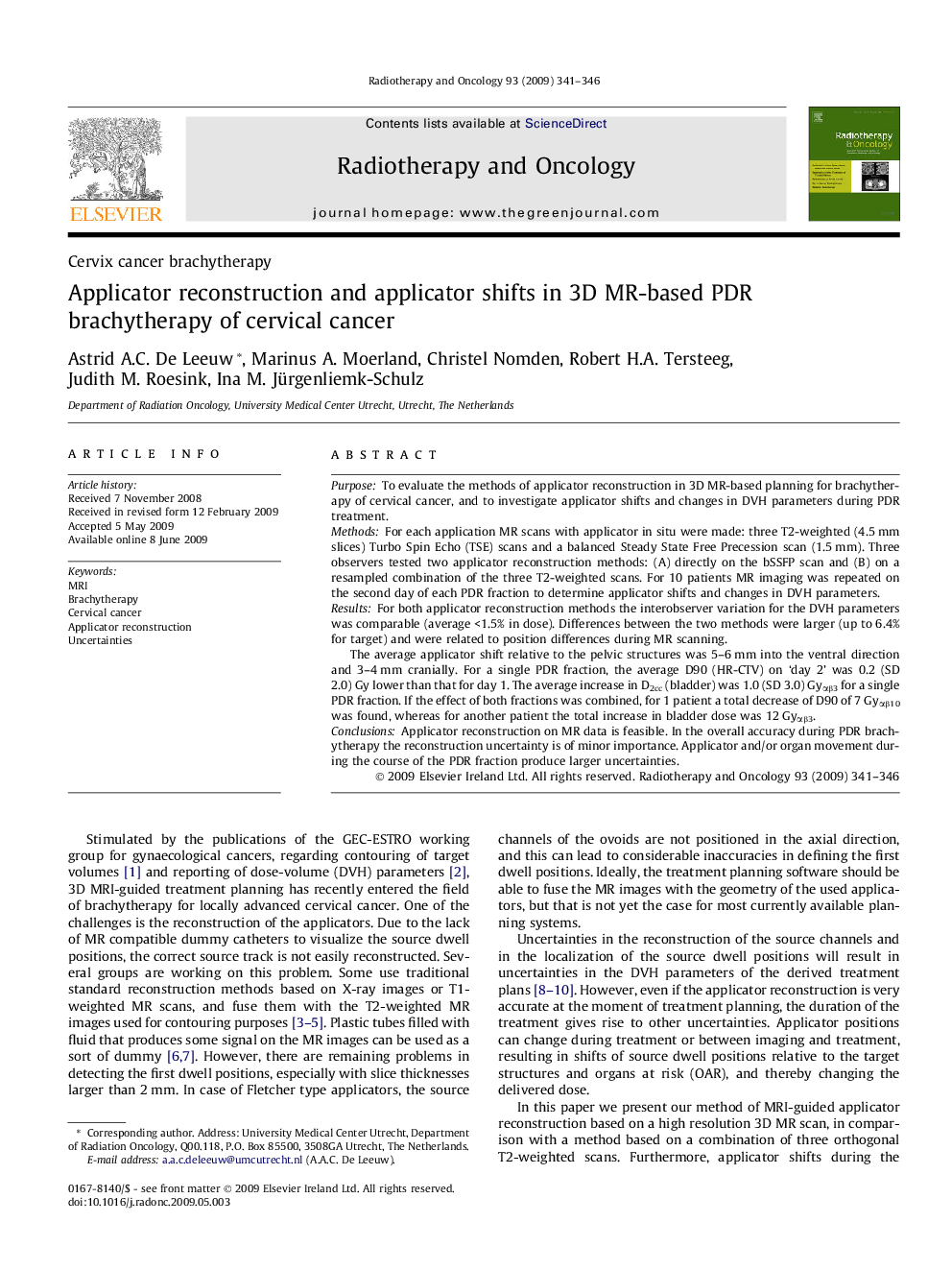 Applicator reconstruction and applicator shifts in 3D MR-based PDR brachytherapy of cervical cancer