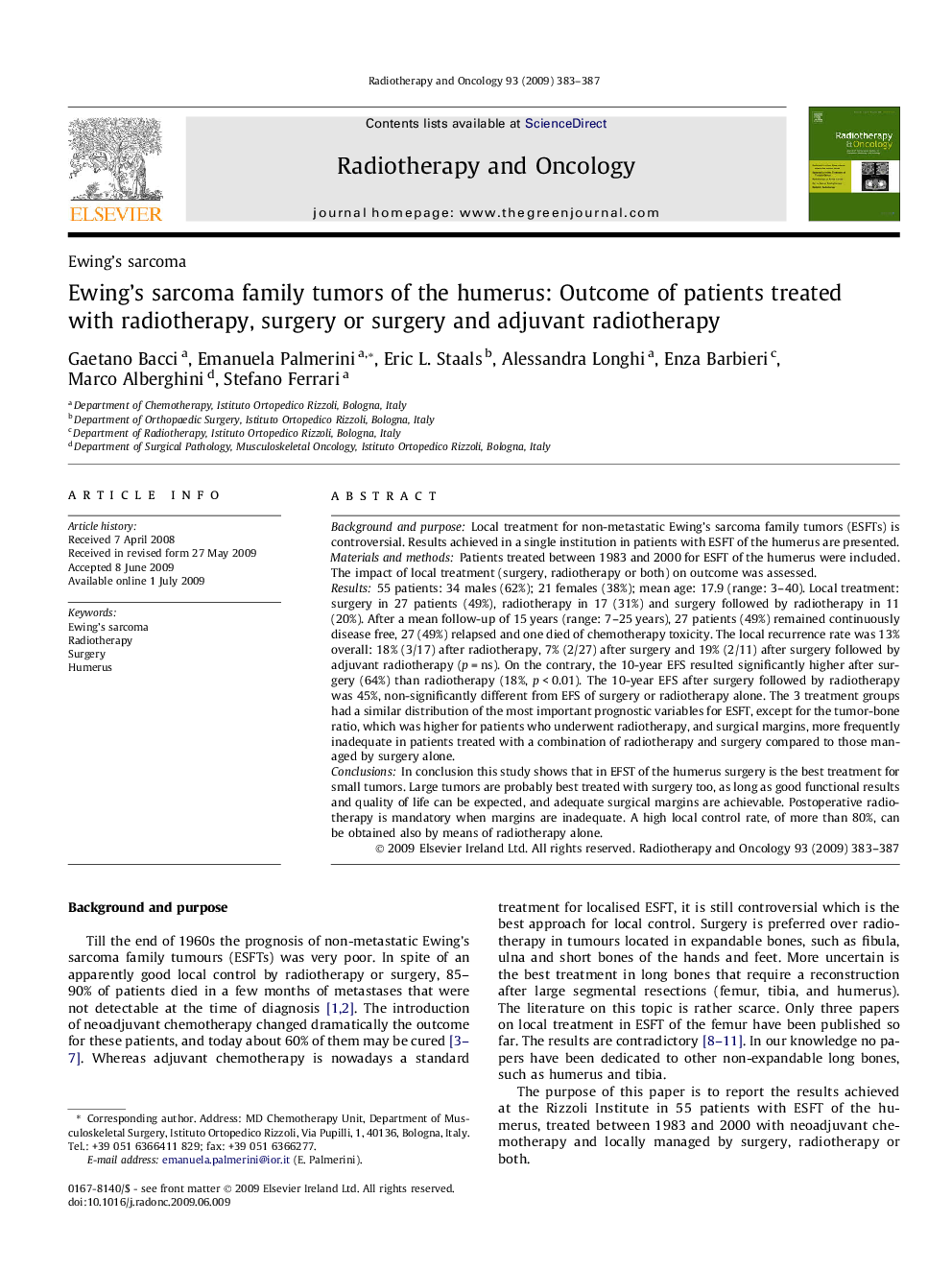 Ewing’s sarcoma family tumors of the humerus: Outcome of patients treated with radiotherapy, surgery or surgery and adjuvant radiotherapy