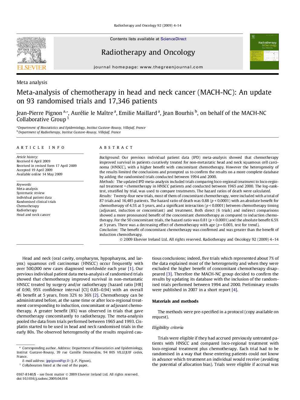 Meta-analysis of chemotherapy in head and neck cancer (MACH-NC): An update on 93 randomised trials and 17,346 patients