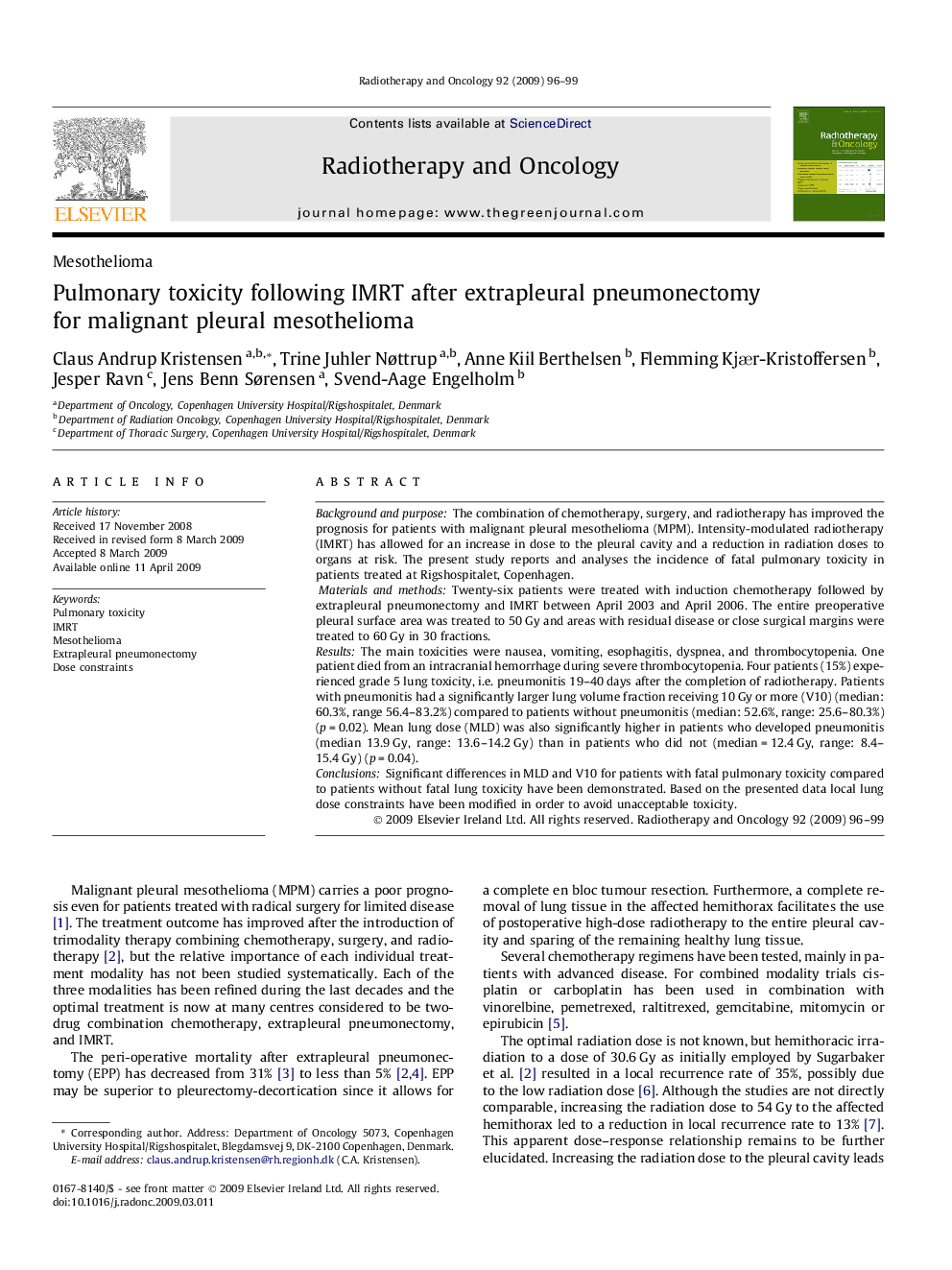 Pulmonary toxicity following IMRT after extrapleural pneumonectomy for malignant pleural mesothelioma