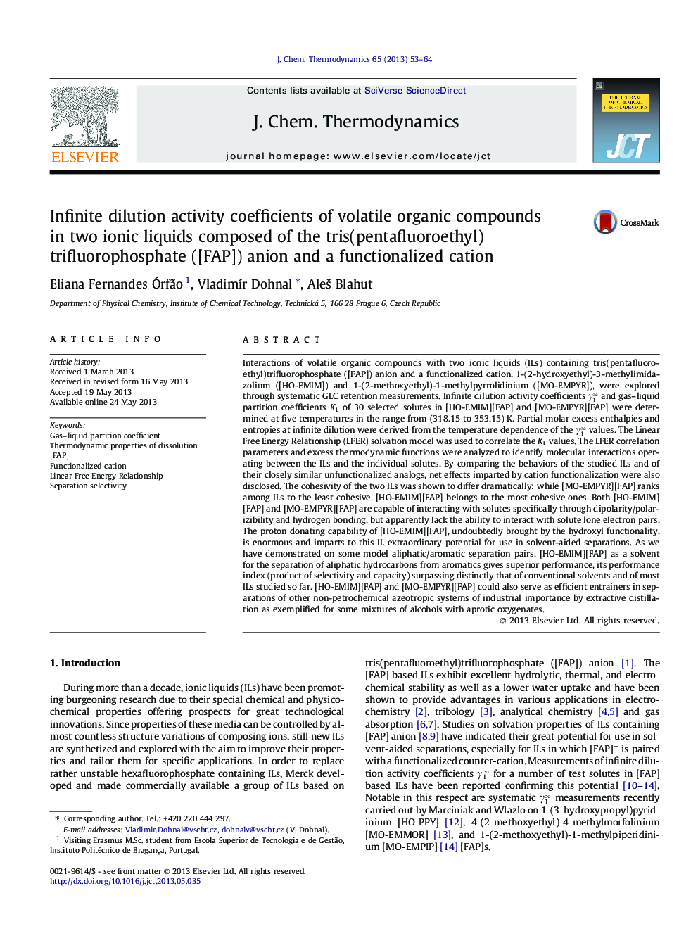 Infinite dilution activity coefficients of volatile organic compounds in two ionic liquids composed of the tris(pentafluoroethyl)trifluorophosphate ([FAP]) anion and a functionalized cation