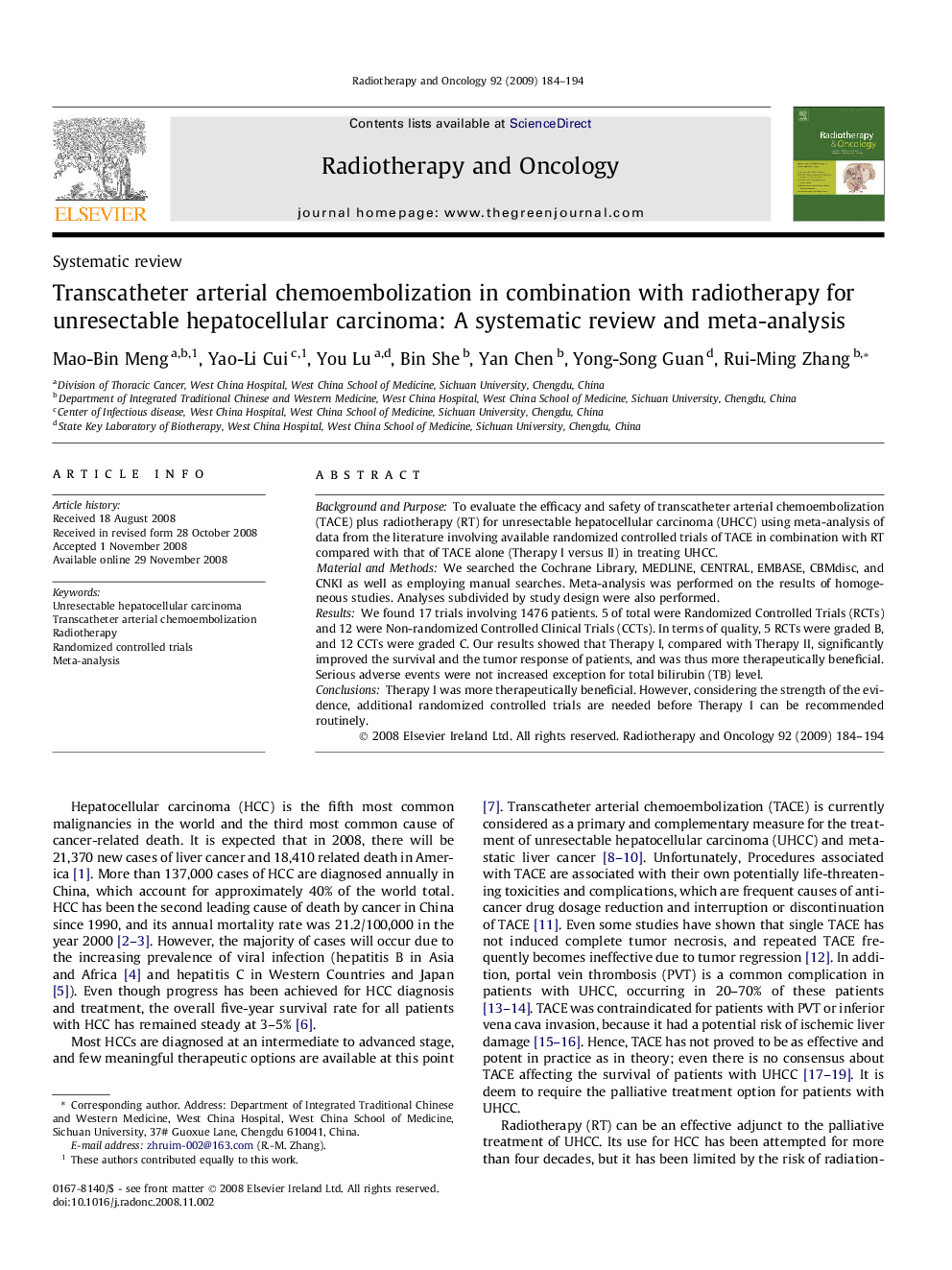 Transcatheter arterial chemoembolization in combination with radiotherapy for unresectable hepatocellular carcinoma: A systematic review and meta-analysis