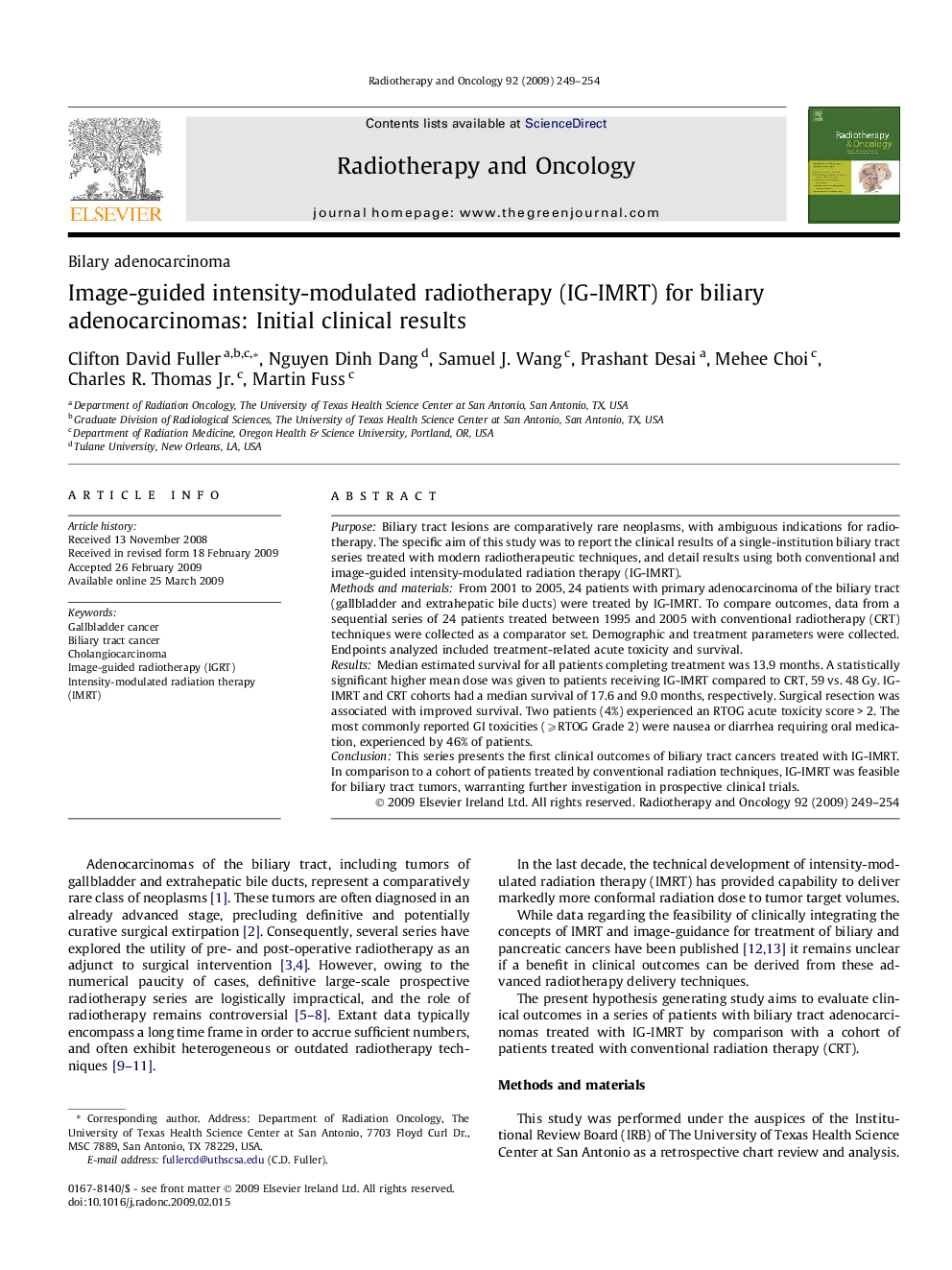 Image-guided intensity-modulated radiotherapy (IG-IMRT) for biliary adenocarcinomas: Initial clinical results