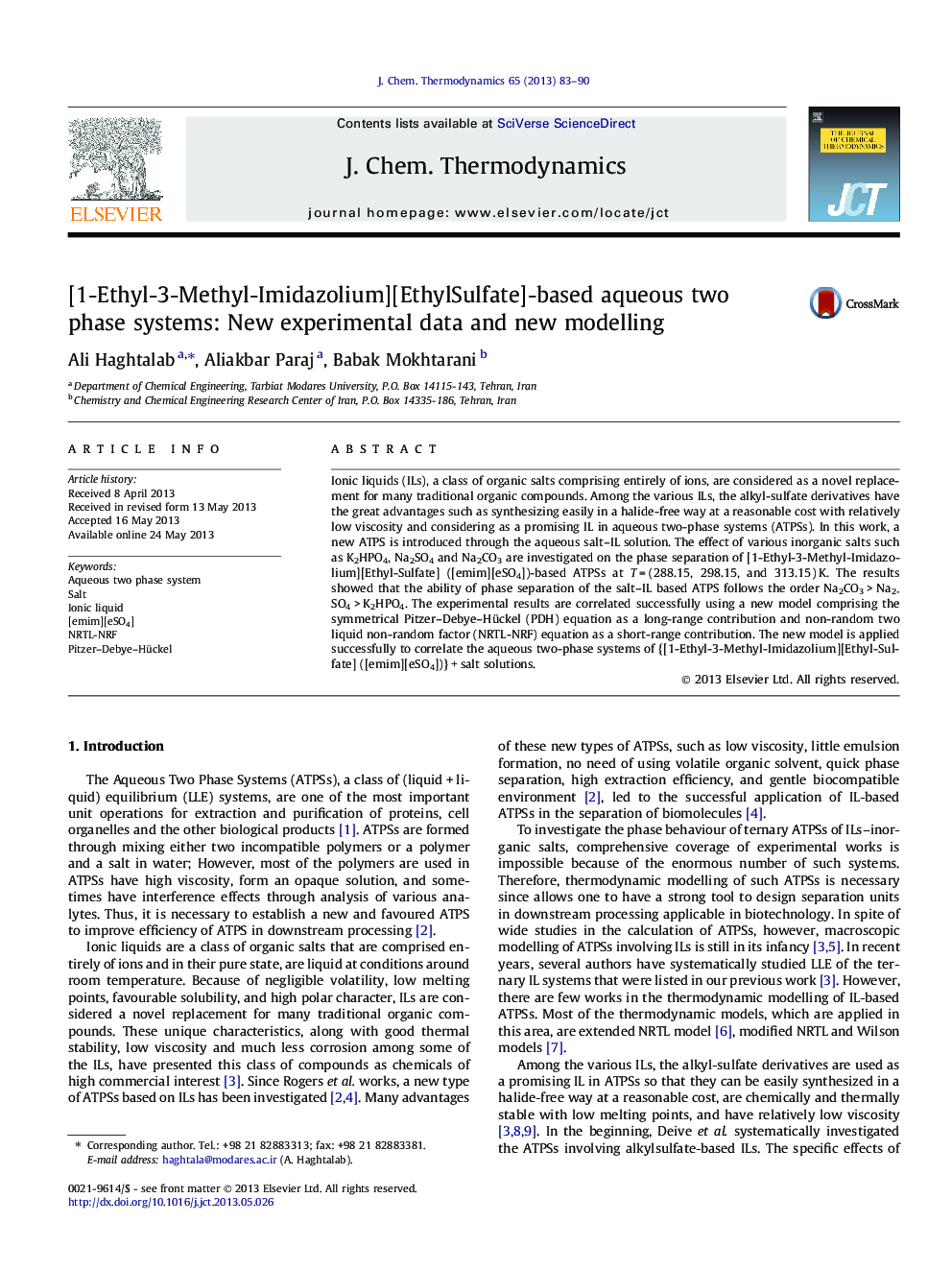 [1-Ethyl-3-Methyl-Imidazolium][EthylSulfate]-based aqueous two phase systems: New experimental data and new modelling